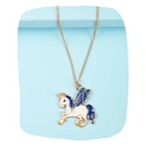 Unicorn Pendant Necklace - Enamel Charm for Girls featuring a blue-winged unicorn on a gold chain, displayed on a pastel blue background.