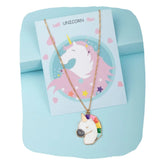 Unicorn Pendant Necklace for Girls with rainbow mane on gold chain, displayed on themed unicorn card. Magical jewelry gift for ages 3 to 7.