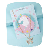 Gold unicorn necklace for girls with glitter enamel charm on a card featuring a pink unicorn illustration. Ideal gift jewelry for ages 3 to 7.