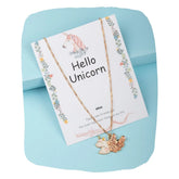 Unicorn Necklace for Girls with rose gold enamel charm displayed on floral card. Ideal pendant jewelry for ages 3 to 7.