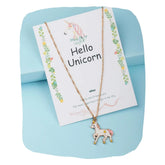 Unicorn Star Pendant Necklace for Girls with pink enamel charm on gold chain, displayed on floral card with 'Hello Unicorn' text.