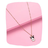 Cartoon Kitty Necklace for Kids with cute enamel cat charm on a gold chain, displayed on a pink background. Fun pendant for girls aged 3 to 7.