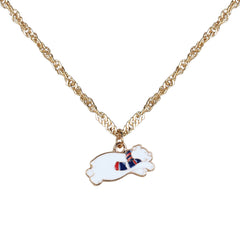 Close-up of Cartoon Cat Pendant Necklace for Kids featuring a white cat with a striped scarf on a gold chain. Durable and playful design.