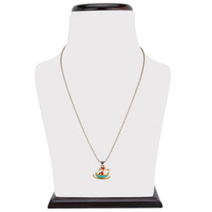 Santa Sleigh Pendant Necklace for Kids displayed on jewelry stand, featuring colorful sleigh charm on a comfortable silver chain for Christmas wear.