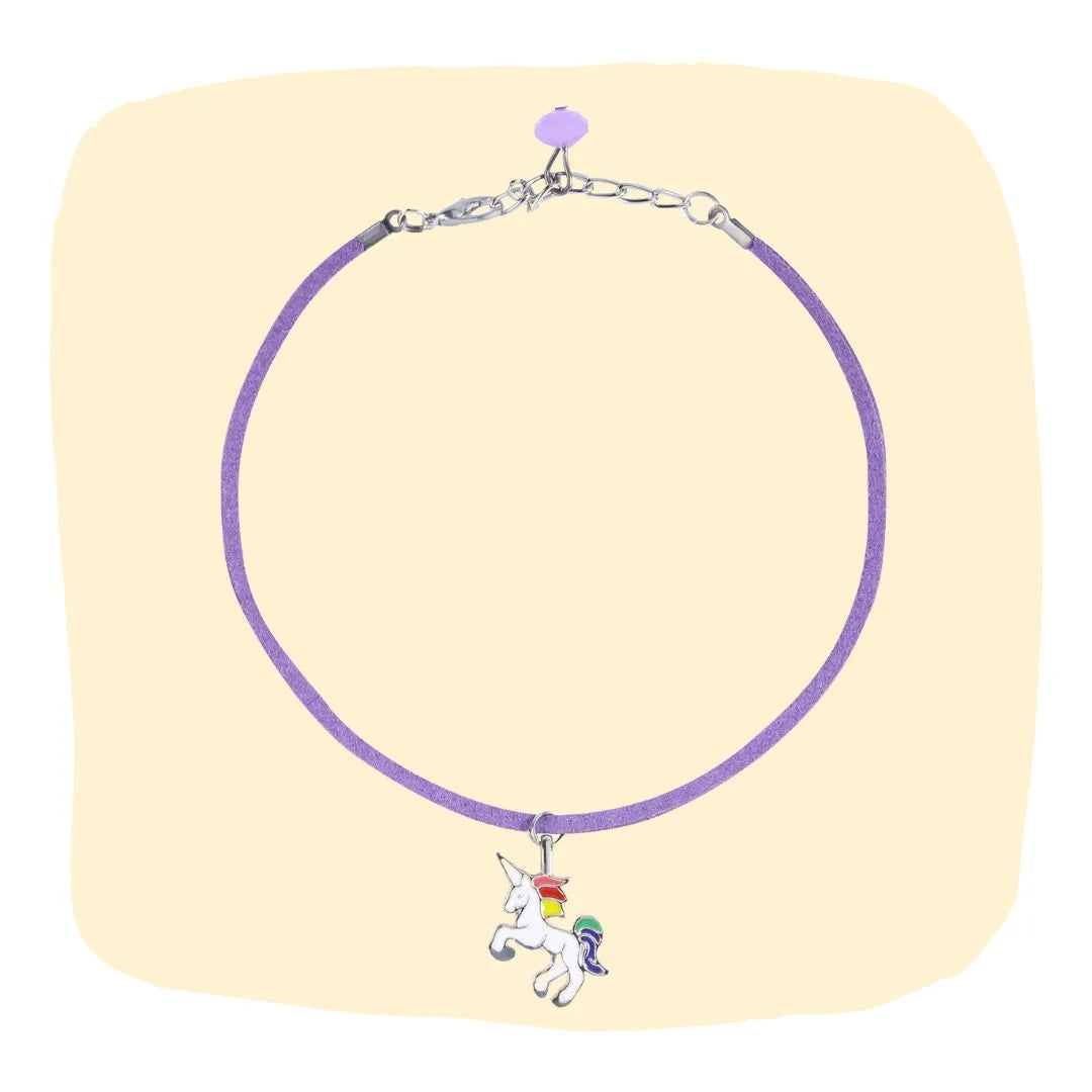 Unicorn Necklace for Girls - Choker Pendant with purple enamel charm and flying unicorn design on adjustable chain. Perfect for ages 3 to 7.