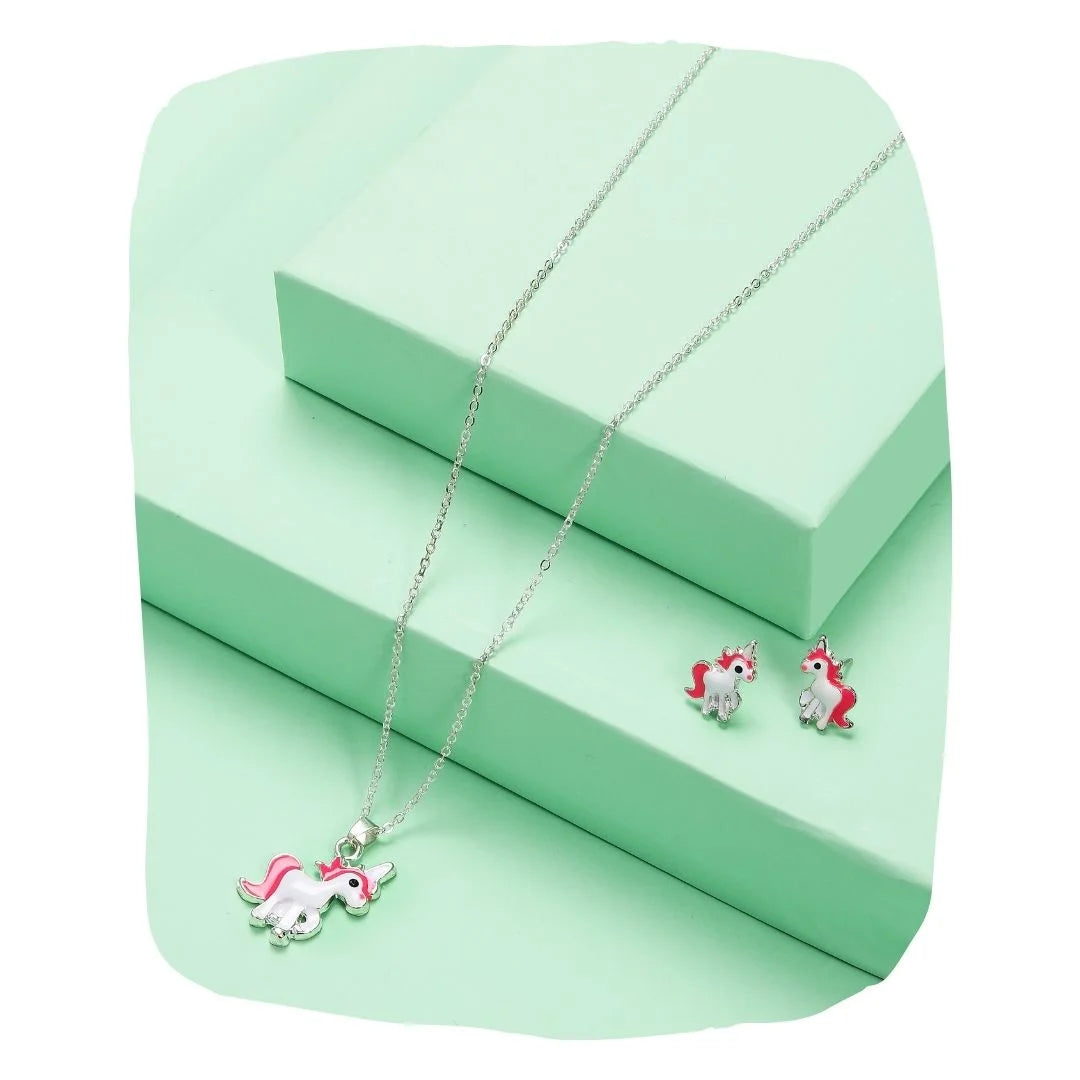 Unicorn Pendant Earrings Set - Silver & Pink Jewelry Gift featuring a cute unicorn necklace and matching earrings on a mint green display.