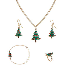 Complete Christmas Jewelry Set for girls with tree-shaped necklace, earrings, bracelet, and ring. Ideal festive accessory for holiday outfits.