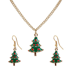 Close-up of Christmas tree necklace and earrings from festive jewelry set. Perfect holiday-themed gift for girls aged 3 to 13+ years.