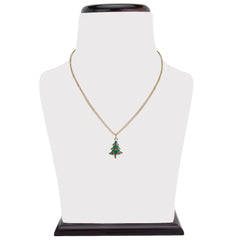 Christmas tree pendant necklace displayed on a stand. Part of festive jewelry set for girls, great for holiday celebrations and gifts.
