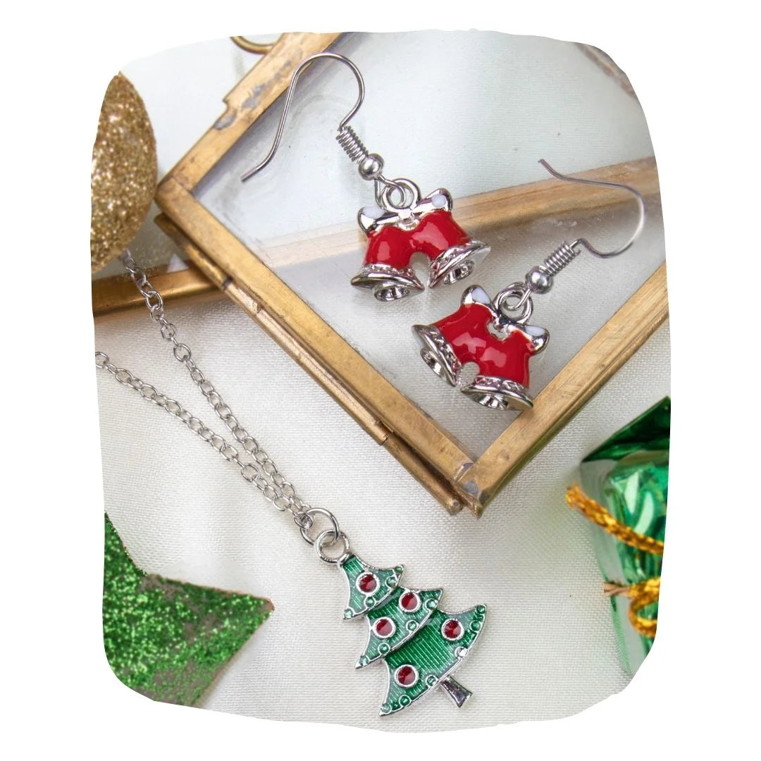 Festive Jewelry for Girls - Christmas Sets featuring red bell earrings and a green Christmas tree pendant necklace, perfect for holiday outfits.