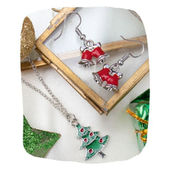 Festive Jewelry for Girls - Christmas Sets featuring red bell earrings and a green Christmas tree pendant necklace, perfect for holiday outfits.