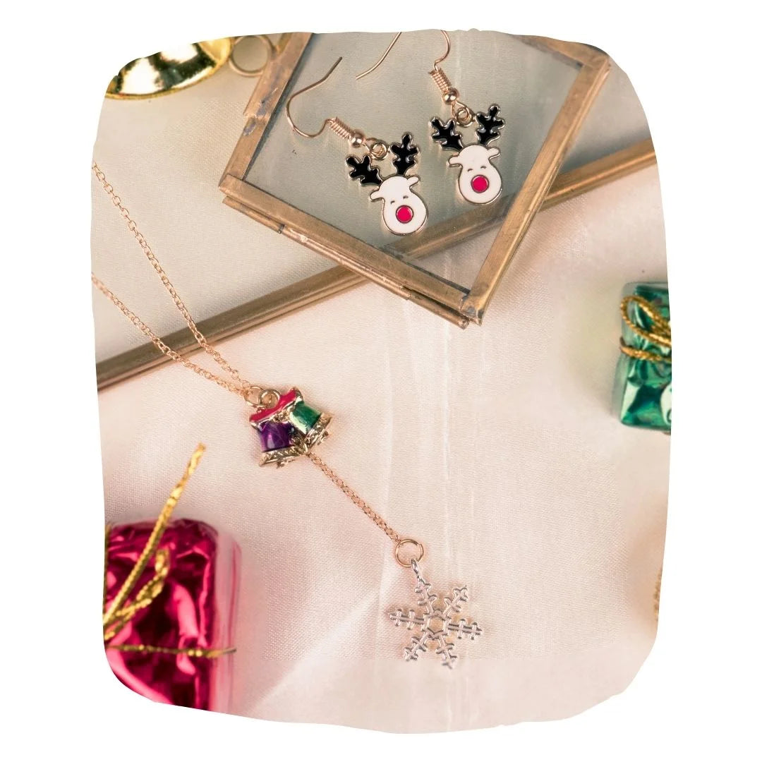 Christmas Jewelry Sets - Girls Holiday Pendant featuring a festive bell and snowflake necklace with reindeer earrings, styled with gift boxes.