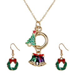 Christmas Tree & Bell Pendant with Wreath Earrings in a festive jewelry set for girls, perfect for holiday parties and seasonal outfits.