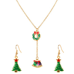 Complete Christmas Wreath Jewelry set featuring tree earrings and bell pendant necklace, ideal for girls' holiday accessories and festive sparkle.
