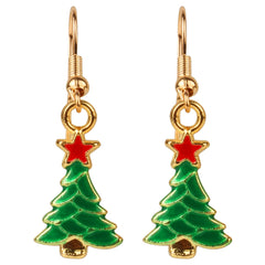 Close-up of Christmas tree earrings with red star tops, part of hypoallergenic jewelry sets for girls celebrating festive holiday style.