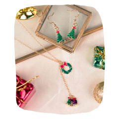 Festive Christmas Wreath Jewelry set for girls with tree earrings and bell pendant necklace, perfect for holiday outfits and hypoallergenic wear.