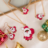 Christmas Set - Jewelry for Girls featuring Santa Claus pendant, earrings, ring, and bracelet on festive background. Ideal for holiday gifts.