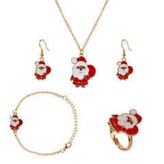 Complete Christmas Special Santa Claus Pendant Set with necklace, earrings, bracelet, and ring for girls. Holiday-themed jewelry collection.