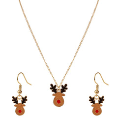 Close-up of Arendelle's Christmas Jewelry Set featuring Rudolf Reindeer pendant and matching earrings in festive gold and red design.