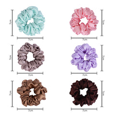 Silk Satin Hair Scrunchies - Set of 6 with 7cm diameter, shown with size dimensions for each color variant in the set.