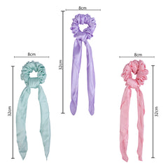 Pastel Satin Scrunchies Set - Pack of 3 with size dimensions 8cm x 32cm, featuring soft satin texture and scarf ties for elegant hair styling.