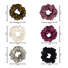 Silk Satin Scrunchies Pack with size dimensions shown for each color variant. Soft, anti-breakage hair accessories for all hair types.