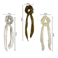 Satin Pearl Scrunchies with Scarf 3-pack featuring 8cm diameter and 32cm scarf length. Includes silver, olive, and cream colors for chic hair looks.