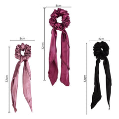 Elegant Hair Accessories: Arendelle Satin Scrunchies Scarf Set in 3-pack with 32cm scarf length and 8cm scrunchie diameter in black and wine shades.