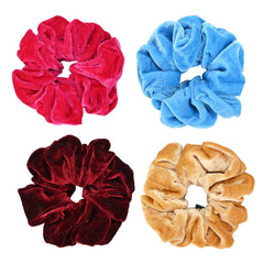 Lux Velvet Hair Scrunchies Pack in rich shades of red, blue, gold, and burgundy, perfect for stylish and comfortable hair styling.