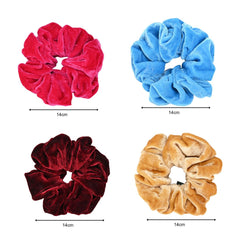 Velvet Scrunchies Pack with size dimensions of 14cm each, showcasing four premium colors for chic and practical hair accessory options.