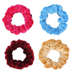 Luxury Velvet Hair Scrunchies Pack featuring 4 stylish colors—red, blue, mustard, and burgundy. Soft texture ideal for girls and teens.