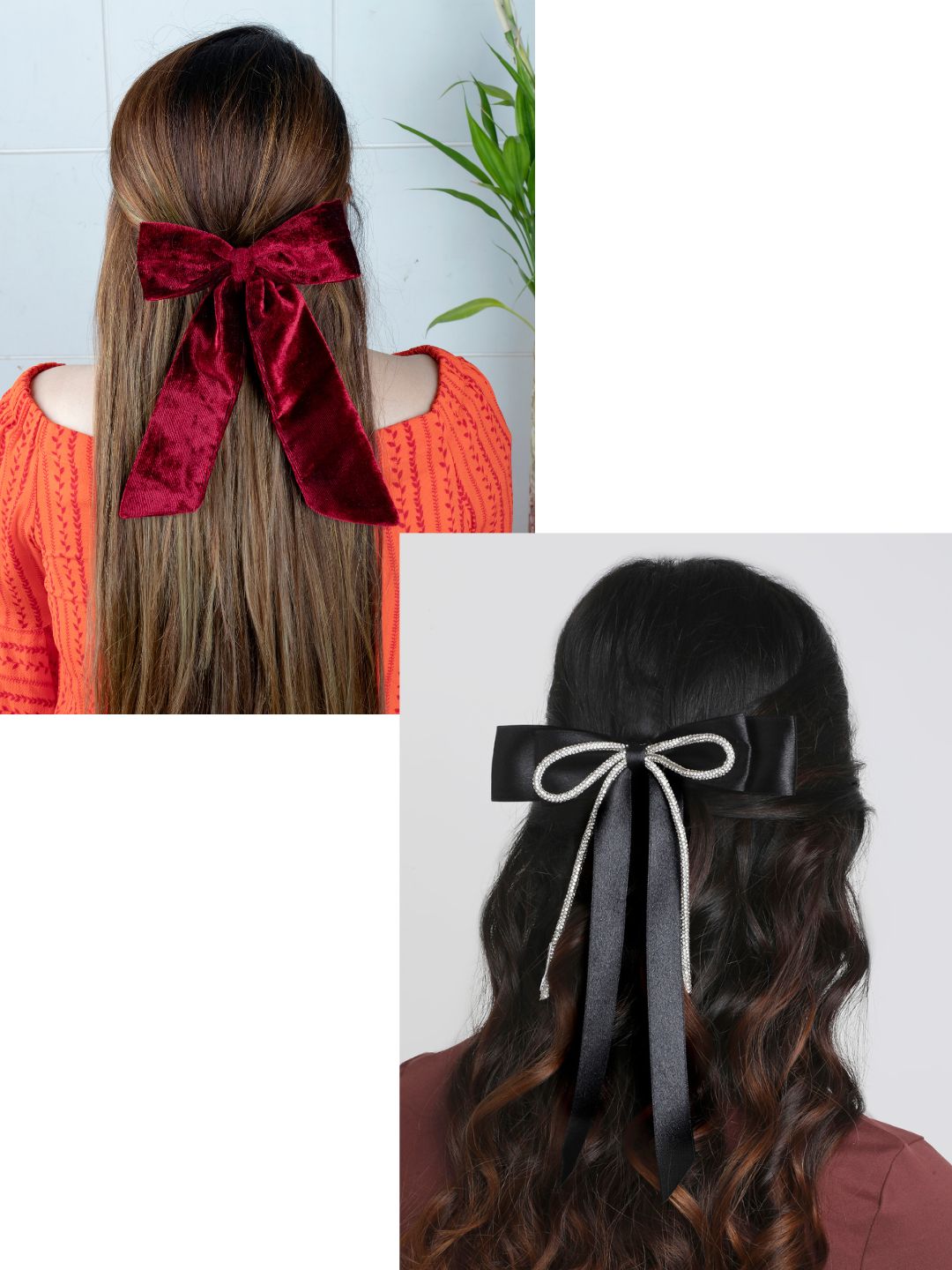Velvet & satin hair bow combo for girls styled on long hair, showcasing elegant red and black bows. Perfect for casual or festive outfits.