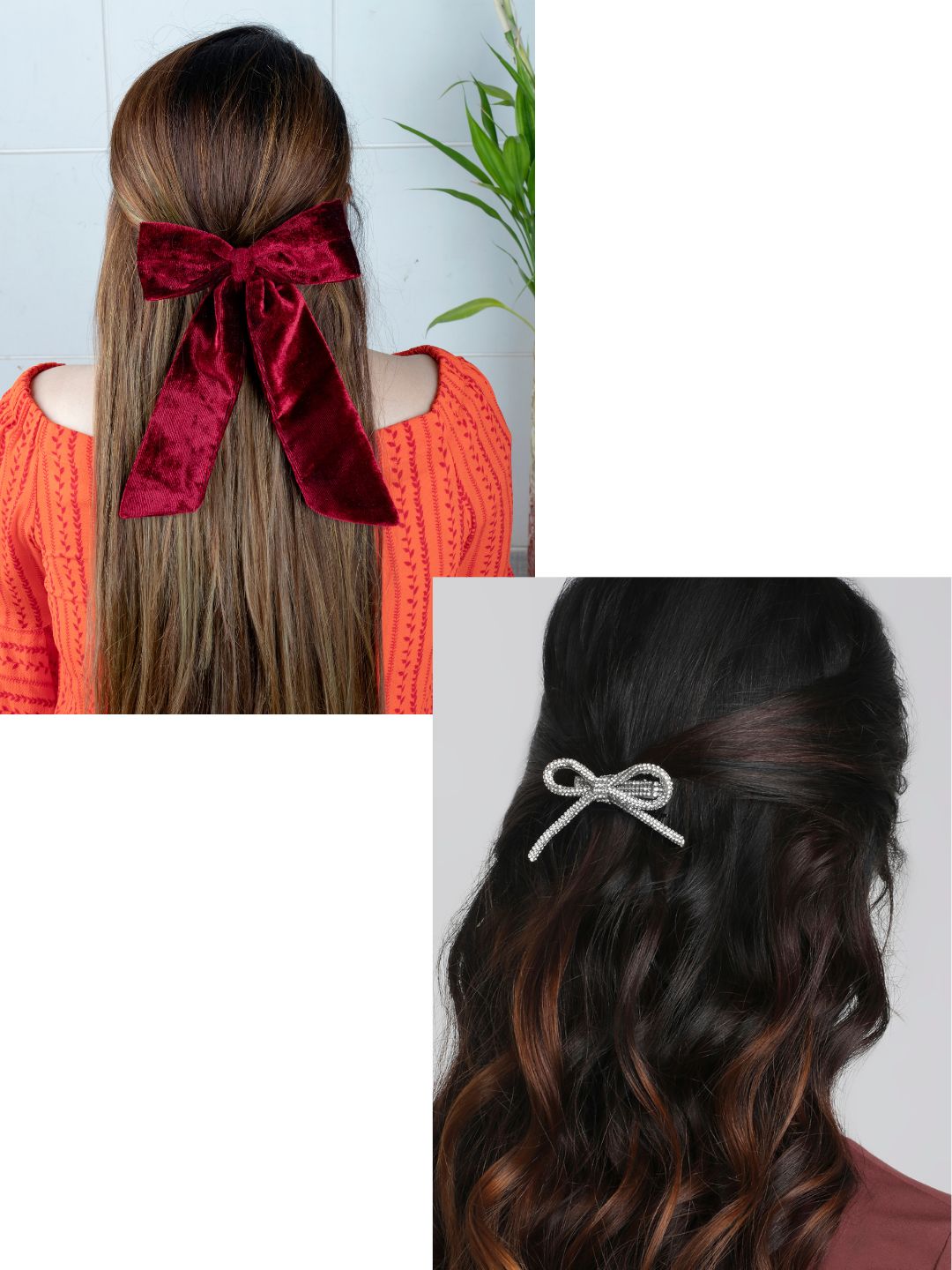 Velvet Silver Hair Bow Combo featuring a deep red velvet bow and silver rhinestone bow styled on long hair, perfect for festive or formal looks.