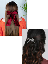 Velvet Silver Hair Bow Combo featuring a deep red velvet bow and silver rhinestone bow styled on long hair, perfect for festive or formal looks.