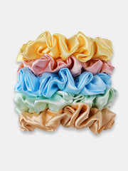 Stacked Silk Satin Scrunchies in pastel shades, designed for all-day comfort and hair protection. Ideal gift for girls and teens.