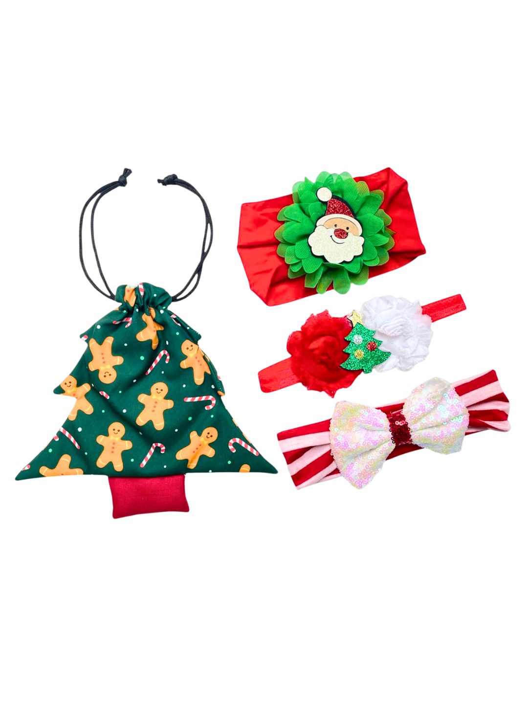 Christmas Accessories for Babies - Glitter Hair set includes festive headbands with Santa, bows, and flowers, plus a gingerbread tree pouch.