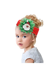 Toddler girl wearing red headband with green petals and Santa face, from the Christmas Accessories for Babies - Glitter Hair festive collection.
