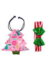 Christmas Glitter Hair for Kids - Festive Accessories set with green sequin bow headband and pink tree-shaped pouch. Ideal for holiday gifting.