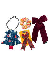 Set of festive Christmas glitter hair accessories for girls including velvet and plaid bows, scrunchie, and tree-shaped pouch. Ideal holiday gift.
