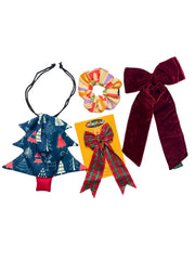 Set of festive Christmas glitter hair accessories for girls including velvet and plaid bows, scrunchie, and tree-shaped pouch. Ideal holiday gift.
