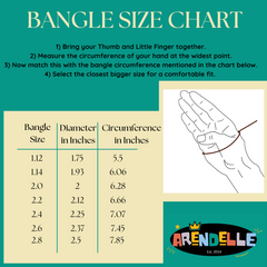 Arendelle bangle size chart showing hand measurement guide and size-to-circumference conversion for Traditional Metal Bangles Set in 7 sizes.