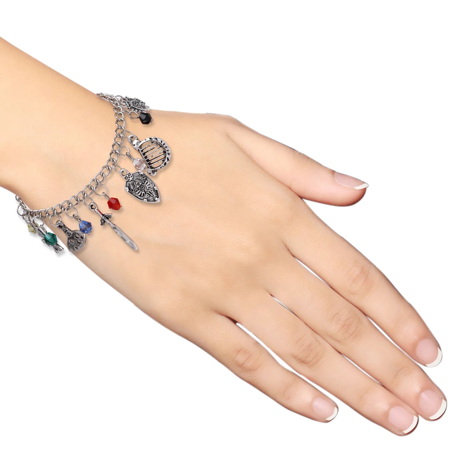 The Legend of Zelda charm bracelet with colorful charms and silver chain