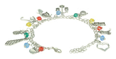 Back view of charm bracelet with multiple charms and colorful beads