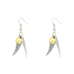 Silver wing Harry Potter inspired earrings with yellow pearl