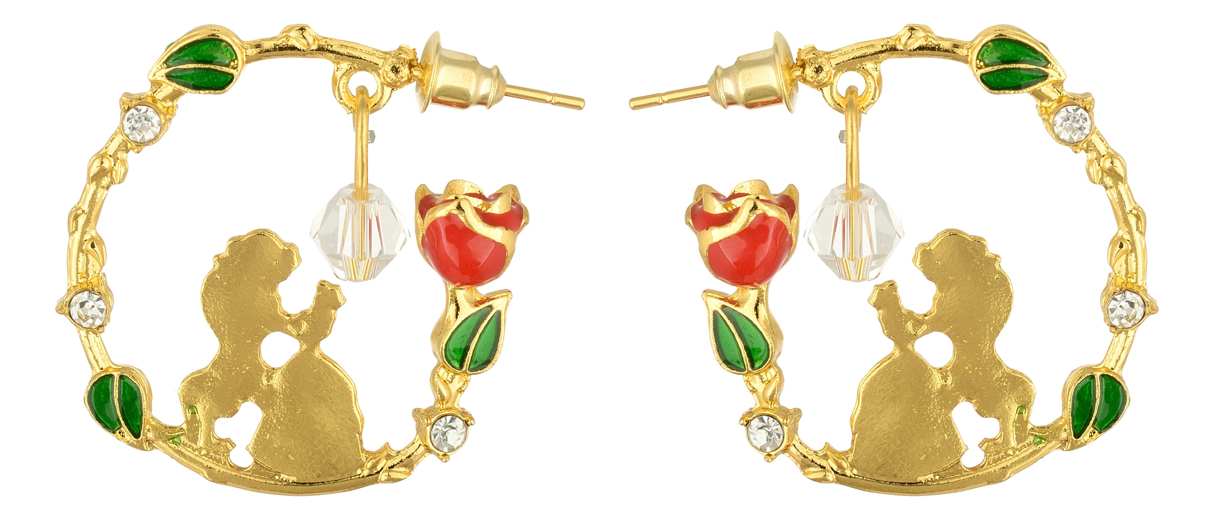 Gold hoop earrings with Belle and Beast silhouettes, red rose, green leaves, and crystal accents, inspired by Beauty and the Beast