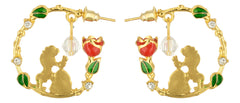 Gold hoop earrings with Belle and Beast silhouettes, red rose, green leaves, and crystal accents, inspired by Beauty and the Beast