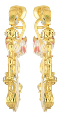 Side view of gold earrings with Belle and Beast silhouettes, red rose, green leaves, and crystal accents, inspired by Beauty and the Beast