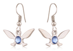 Close-up of silver Triforce earrings with blue gemstone from The Legend of Zelda
