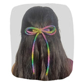 Rainbow rhinestone hair bow for girls featuring a long tail double-layered cord design, perfect for vibrant and stylish hair accessorizing.