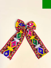 Colorful Rangtaari Pigtail Hair Bow with mirror work and thread embroidery, ideal Navratri hair accessory for girls' festive looks.